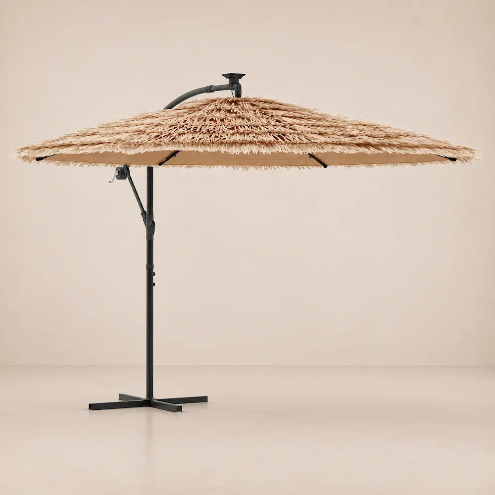 Straw Top Cantilever Umbrella 2.9m Brown - LED Lights, Crank, Cross Base | Paillote