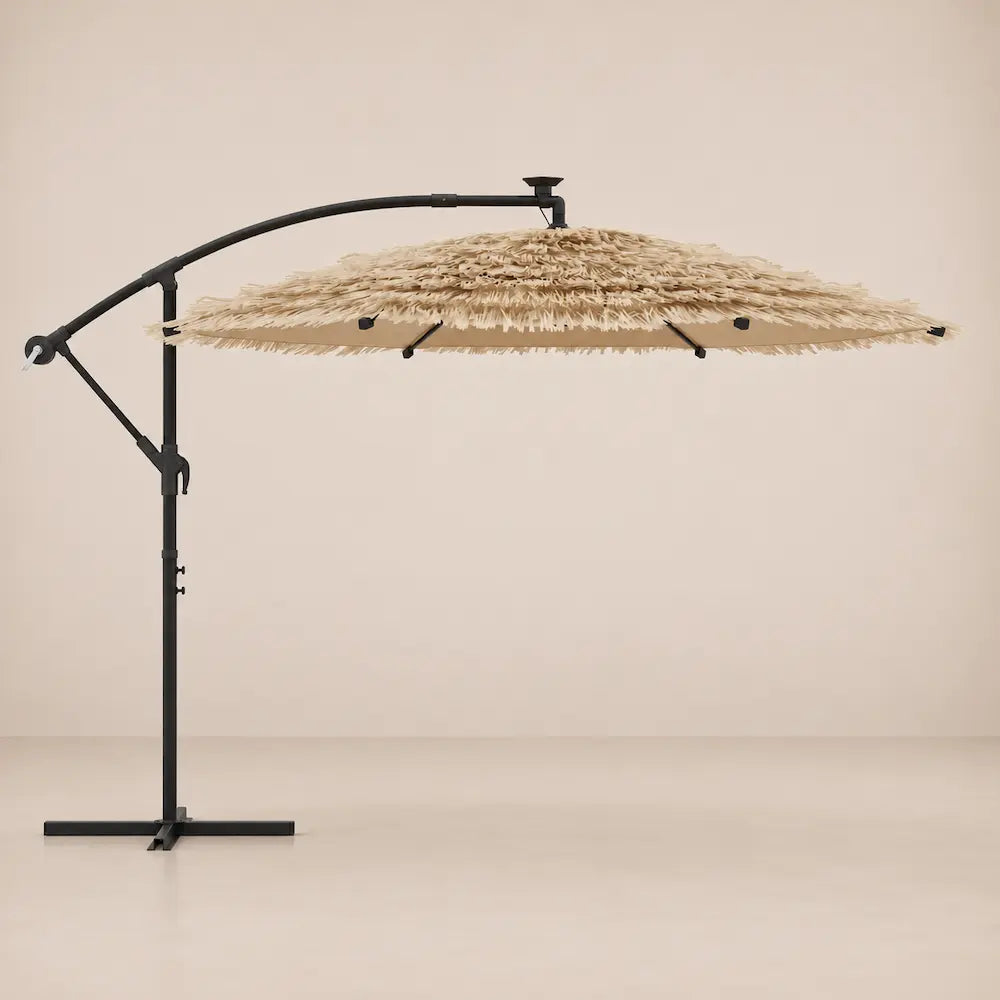 Straw Top Cantilever Umbrella 2.9m Brown - LED Lights, Crank, Cross Base | Paillote