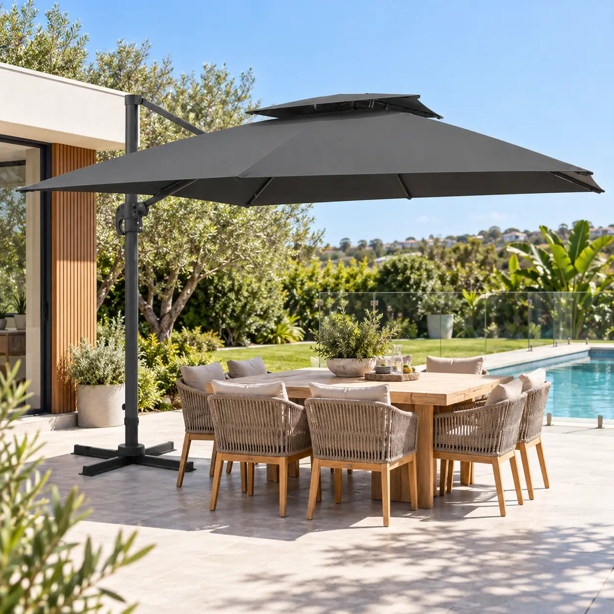 Cantilever umbrella 3x3 anthracite grey over 8-seater outdoor dining set terrace pool garden