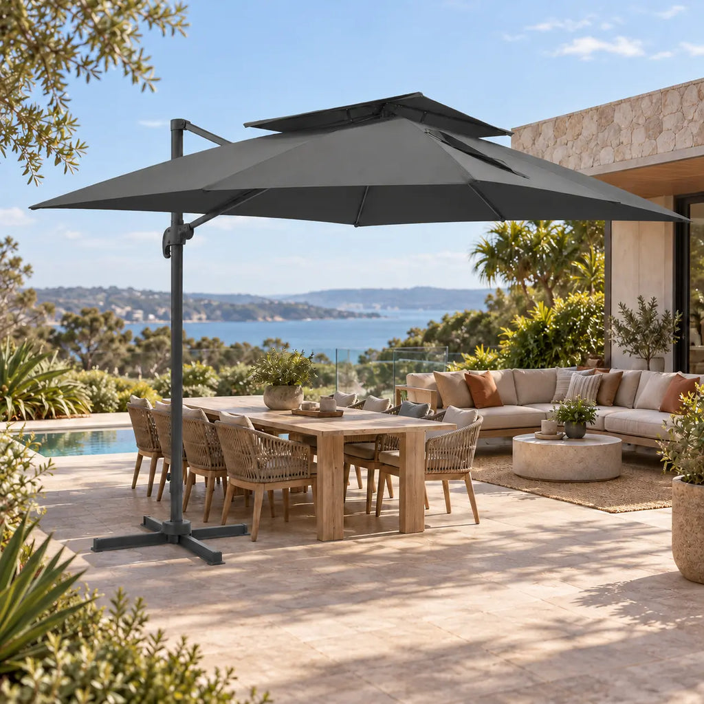 Cantilever umbrella 3x4 anthracite over 10-seater teak outdoor dining set lounge sofa poolside coastal sea view terrace