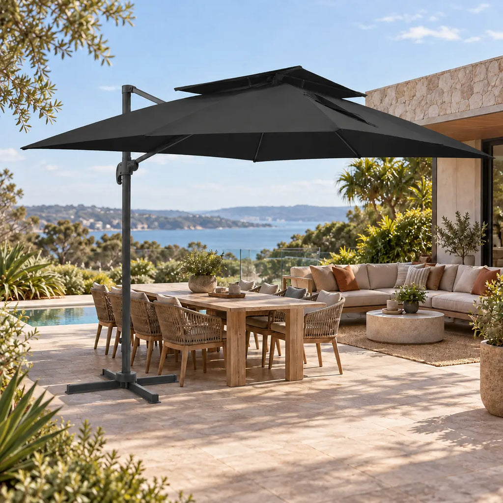 Cantilever umbrella 3x4 black over 10-seater teak outdoor dining set lounge sofa poolside coastal sea view terrace