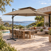 Cantilever umbrella 3x4 taupe over 10-seater teak outdoor dining set lounge sofa poolside coastal sea view terrace