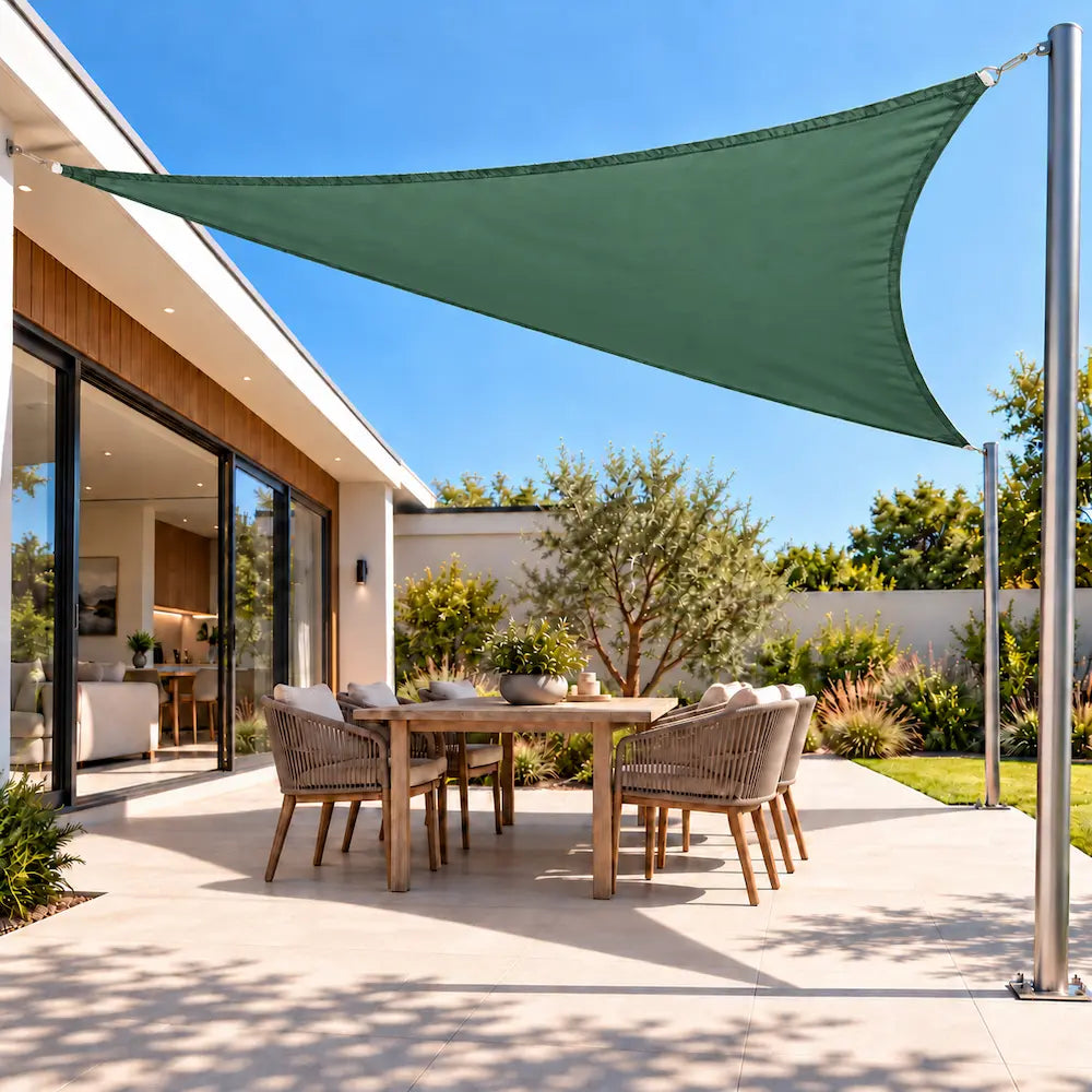 Shade sail in forest green, a triangle sail over a garden patio table, blending with the greenery