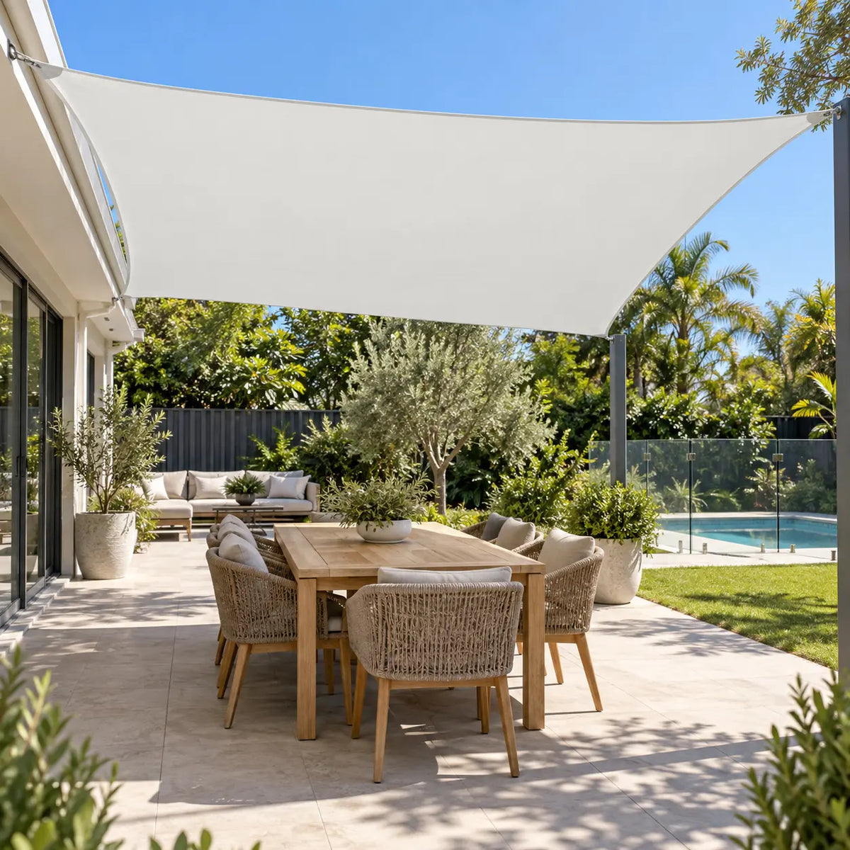 White shade sail rectangle over outdoor dining table with rattan chairs beside poolside garden in Australian backyard