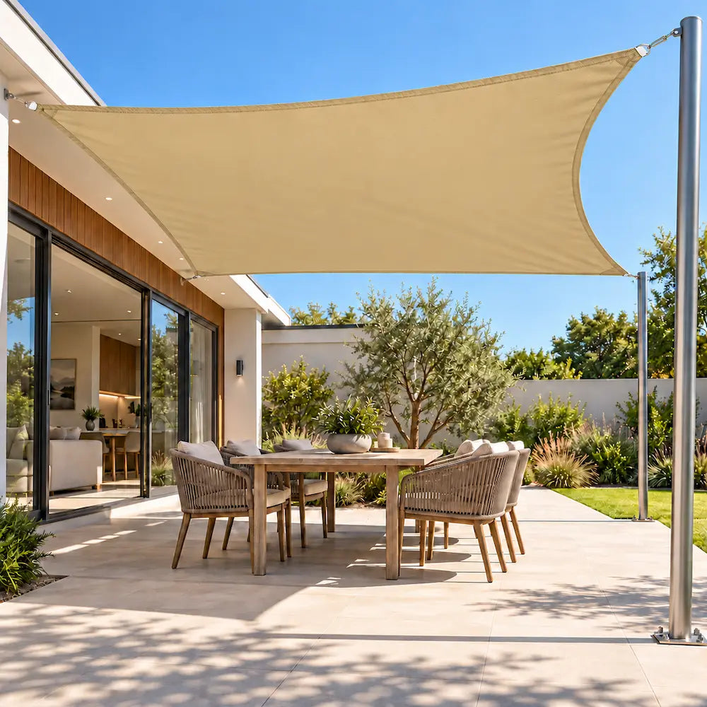 Shade sail in sand, a rectangular sun and rain cover over a backyard dining setting