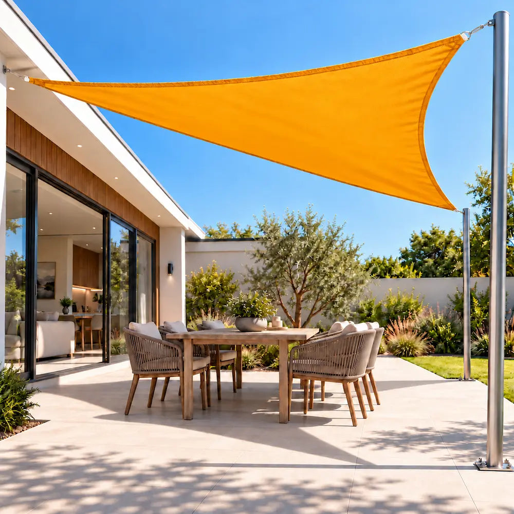 Shade sail in sunflower yellow, a bright triangle over a backyard dining table on a sunny day