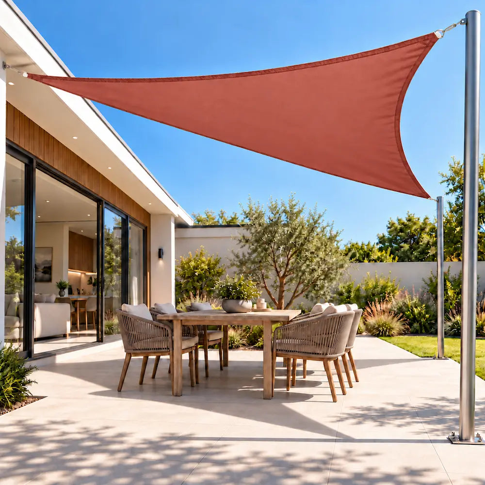 Shade sail in terracotta, a warm triangular sail over a patio dining area beside the house