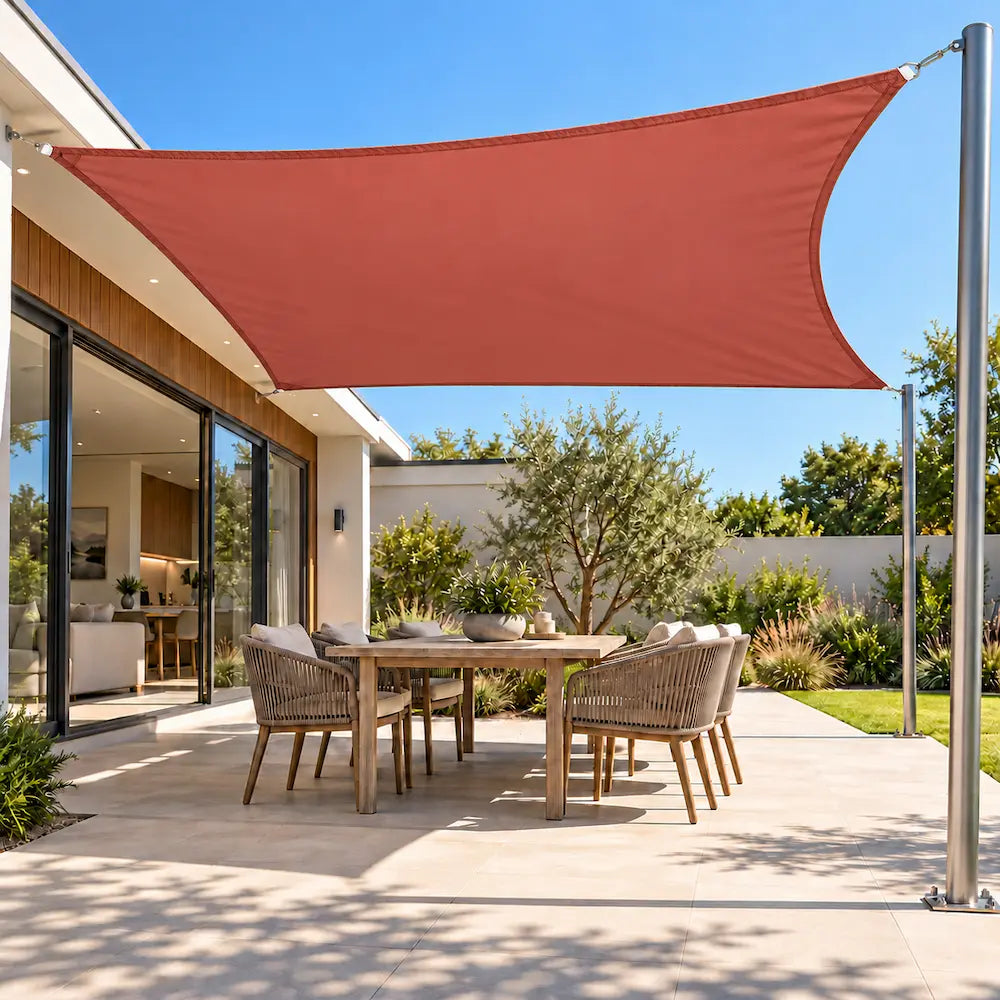 Shade sail in terracotta, a warm rectangular sail shading a patio dining area of a modern home