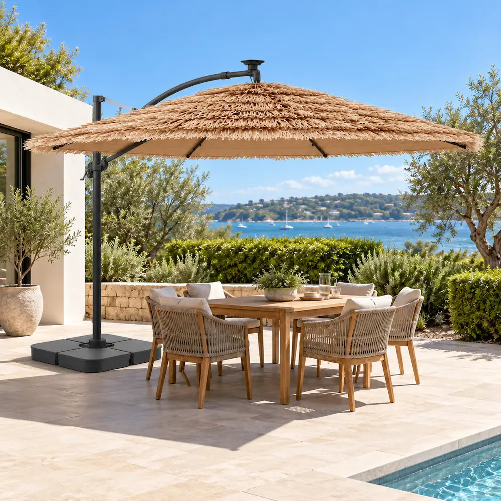 Straw Top Cantilever Umbrella 2.9m Brown - LED Lights, Crank, Cross Base | Paillote