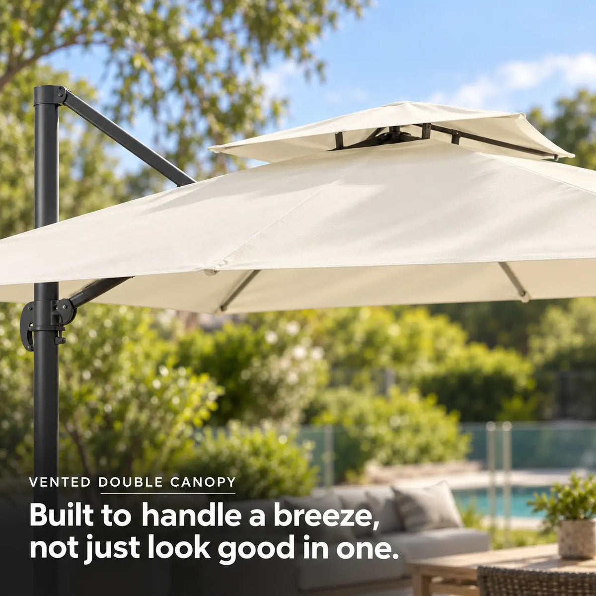 Cantilever umbrella 3x3 ivory vented double canopy wind resistant