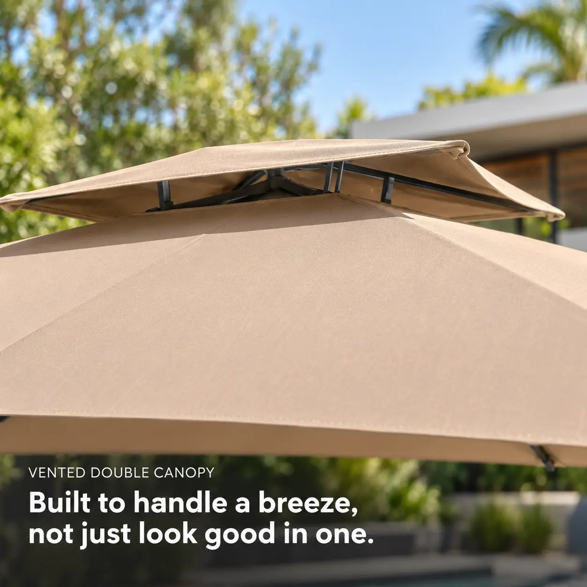 Cantilever umbrella 3x3 taupe vented double canopy close-up wind resistant