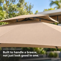 Cantilever umbrella 3x3 taupe vented double canopy close-up wind resistant