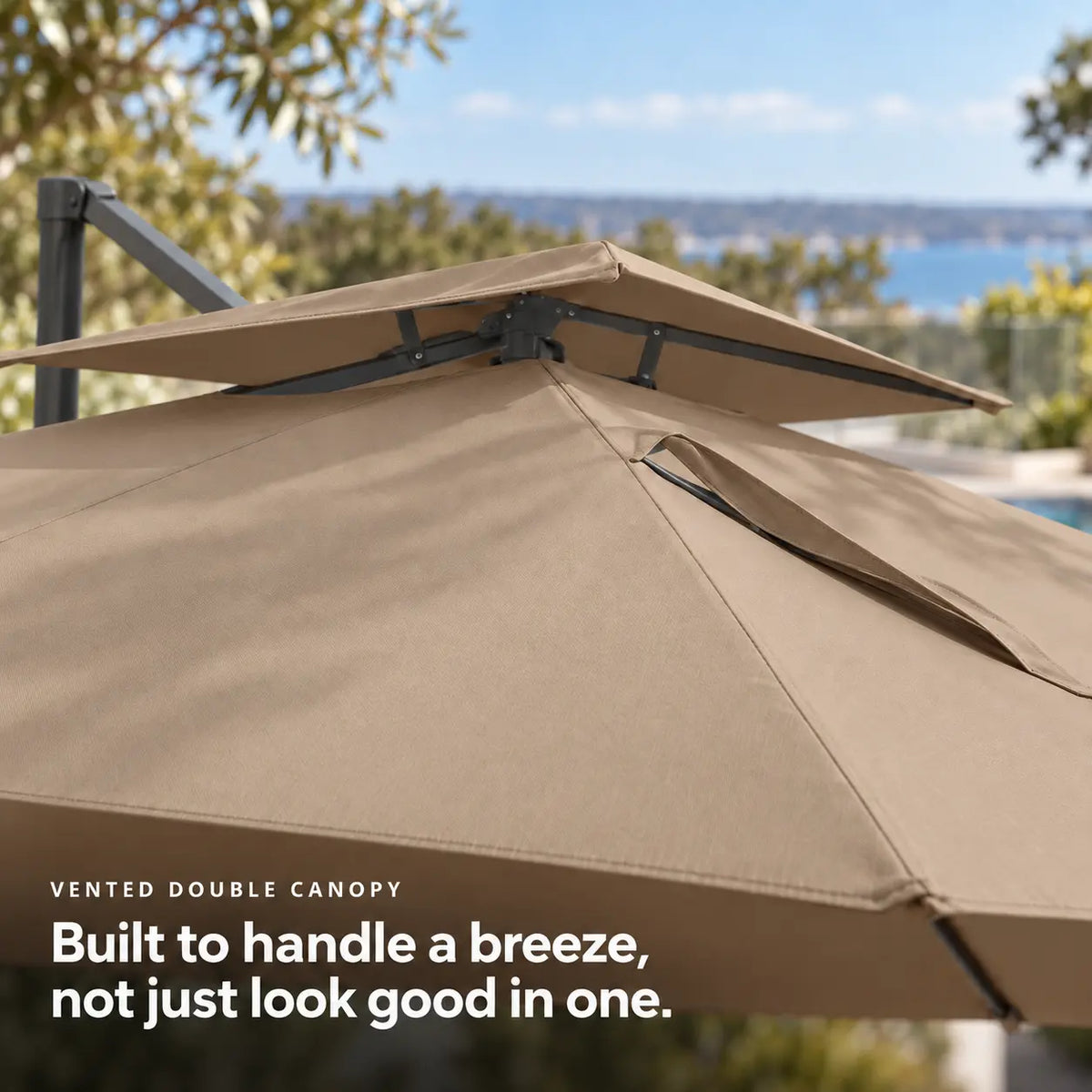 Cantilever umbrella 3x4 taupe vented double canopy rectangular wind resistant
