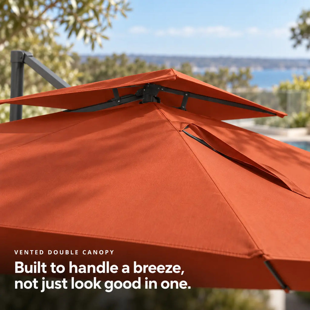 Cantilever umbrella 3x4 terracotta vented double canopy rectangular wind resistant