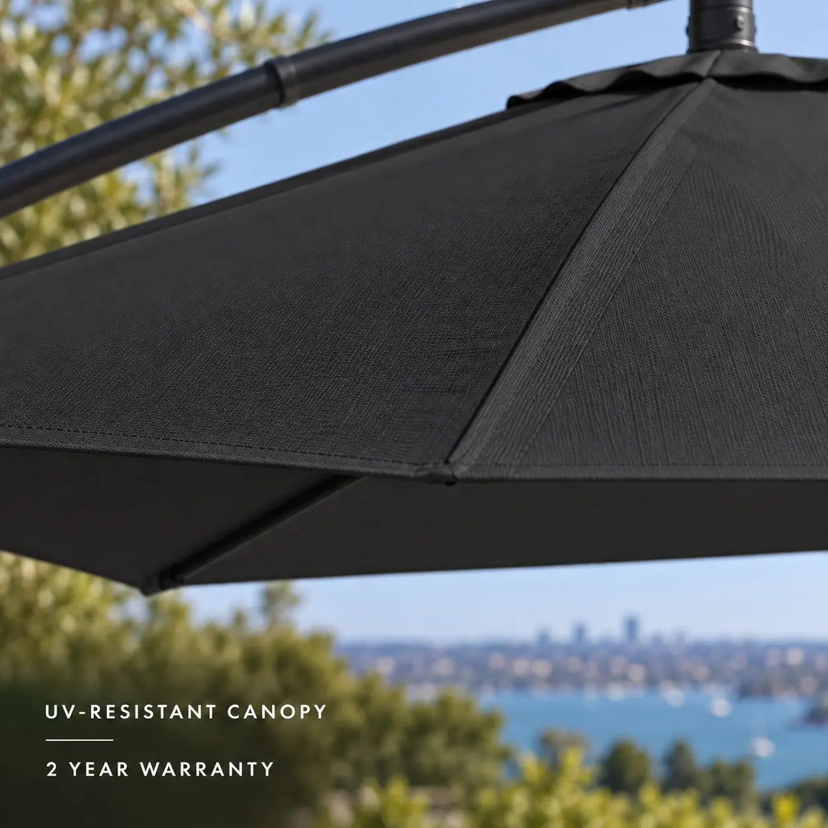Round cantilever umbrella 3m black waterproof UV-resistant canopy close-up texture
