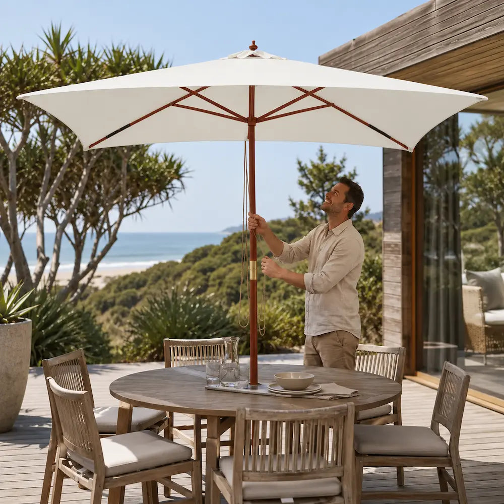 Market Umbrella 2x3m Rectangular Cream - Hardwood Pole, Single Pulley | Bastide