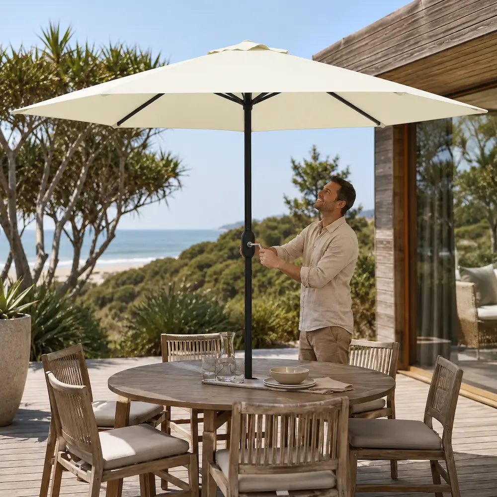Market Umbrella 2.7m Round Sand White - Aluminium Pole, Crank Opening | Calade