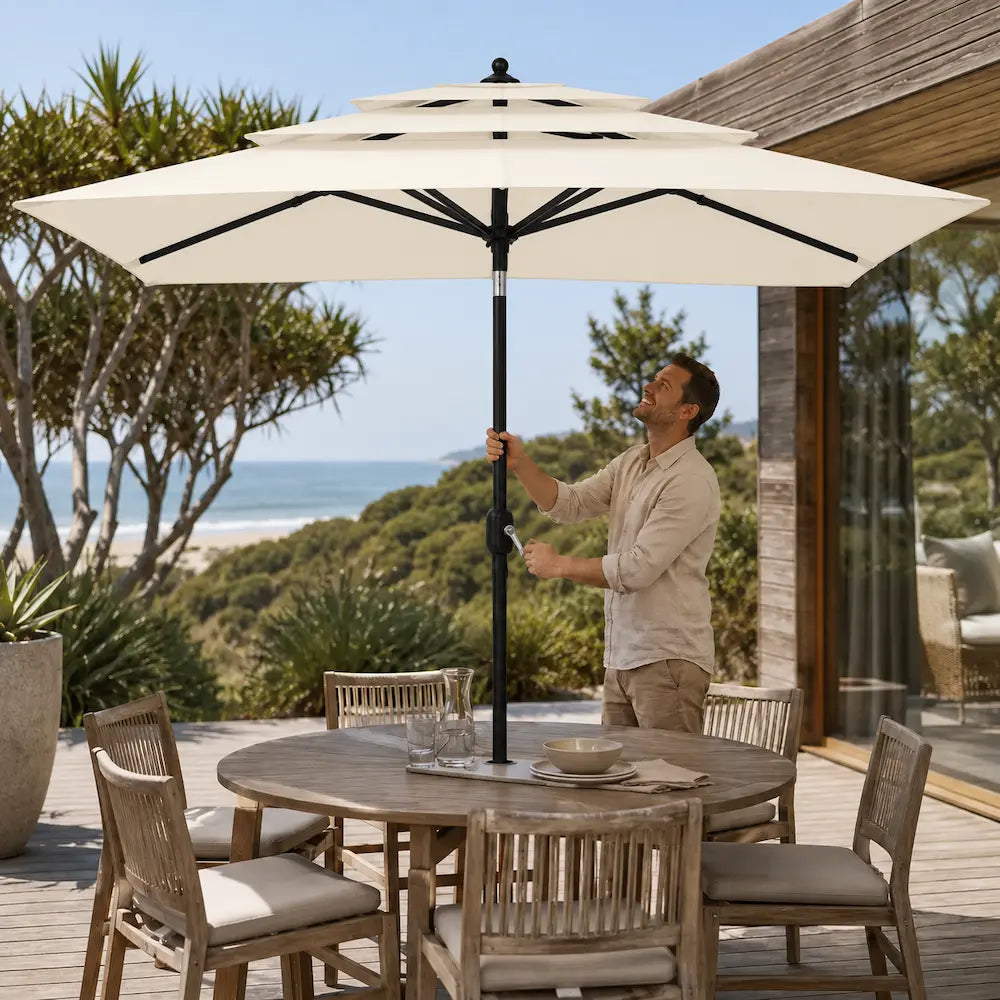 3-Tier Market Umbrella 2x2m Square Sand - Aluminium, Crank & Tilt | Restanque