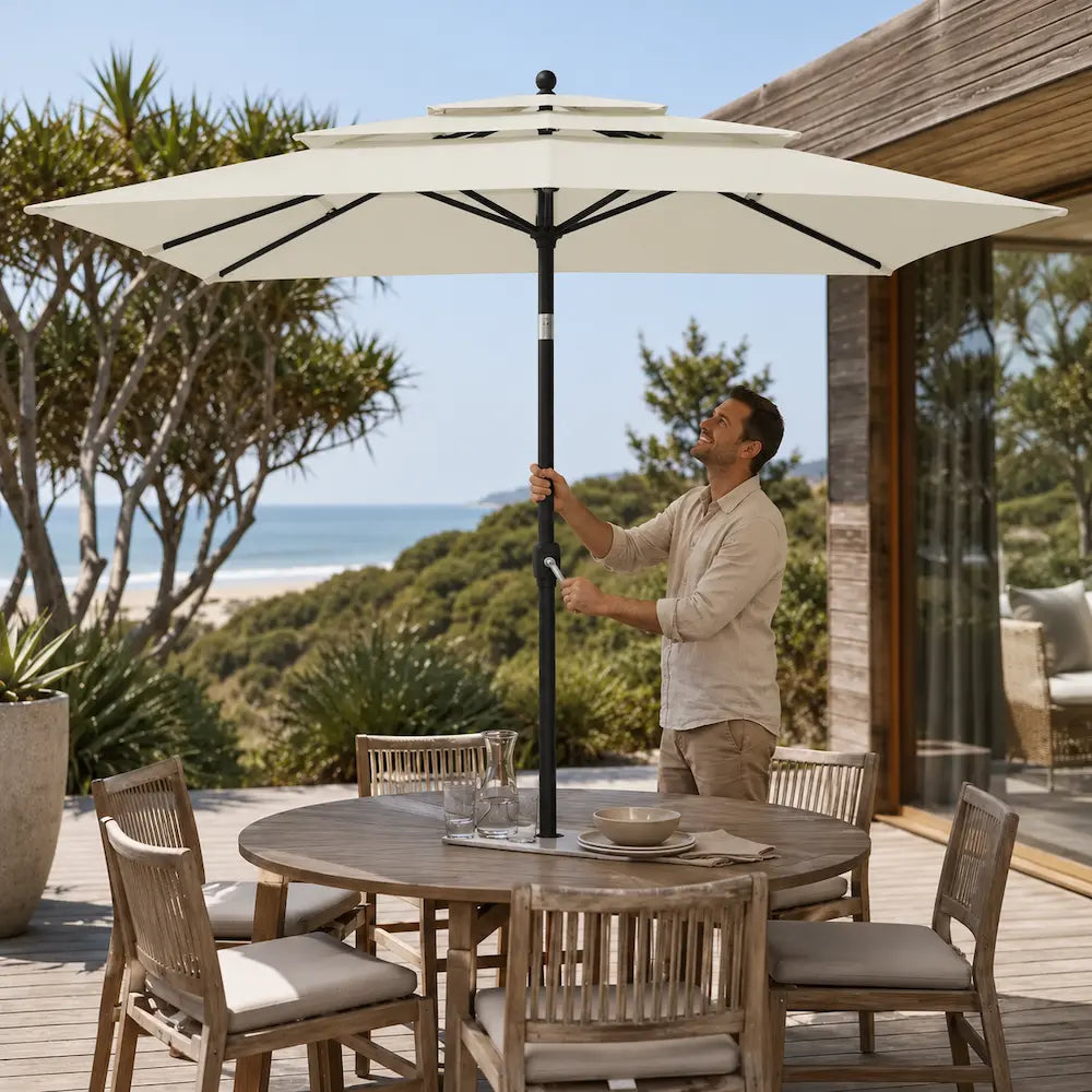 3-Tier Market Umbrella 2.5m Sand - Aluminium, Crank & Tilt | Tonnelle