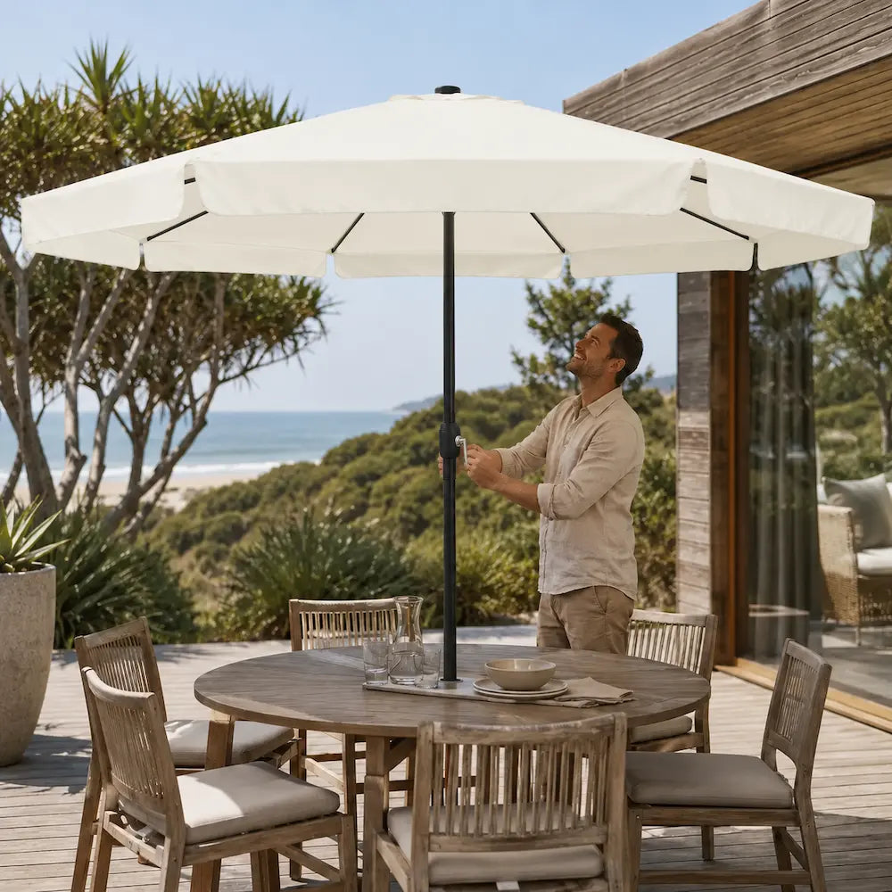 Large LED Market Umbrella 3.95m Sand & Anthracite - Crank & Tilt | Veillée