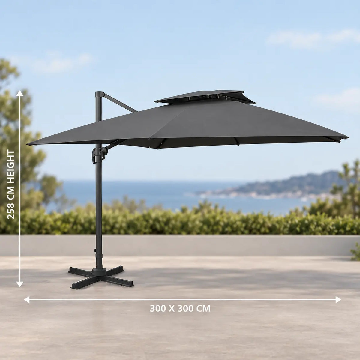Cantilever umbrella 3x3m 300x300cm 258cm height grey offset parasol