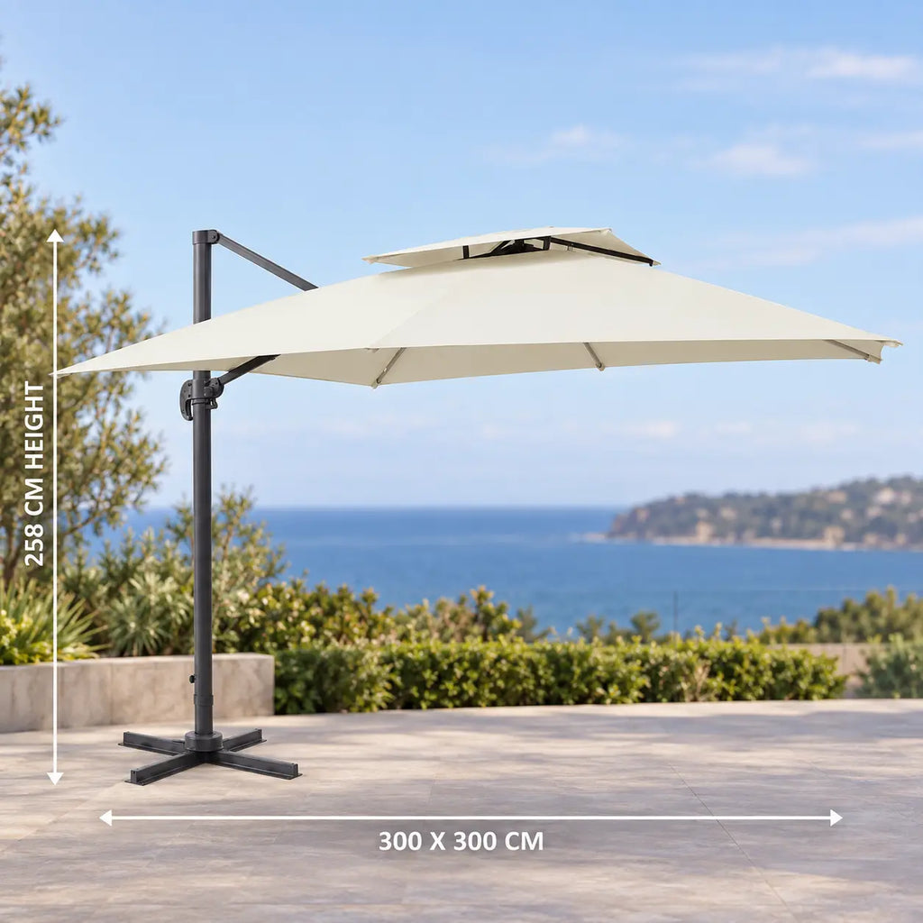 Cantilever umbrella 3x3m ivory 300x300cm 258cm height offset parasol coastal view