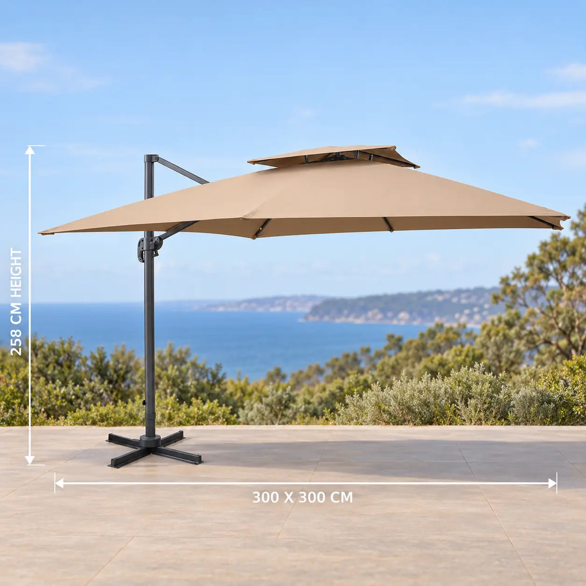 Cantilever umbrella 3x3m taupe 300x300cm 258cm height offset parasol sea view