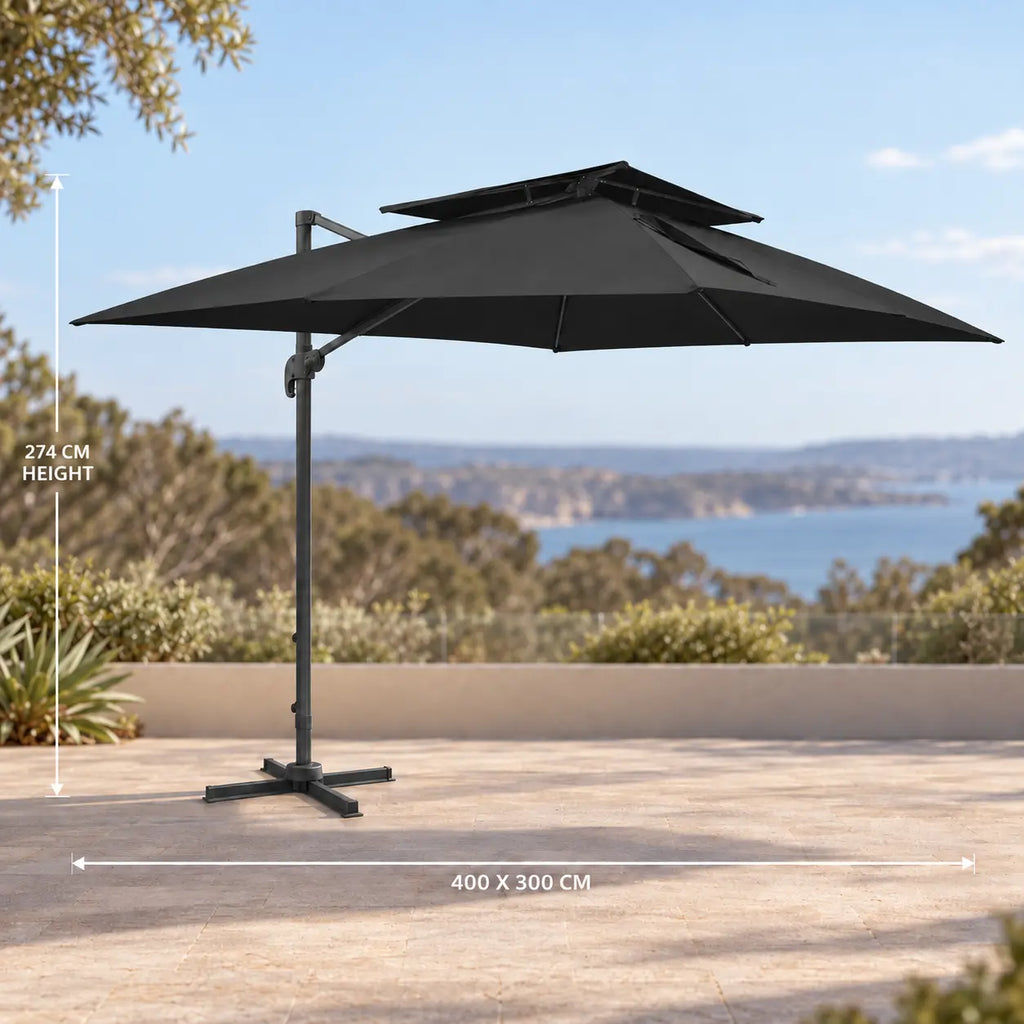 Cantilever umbrella 3x4m black rectangular 400x300cm 274cm height offset parasol sea view