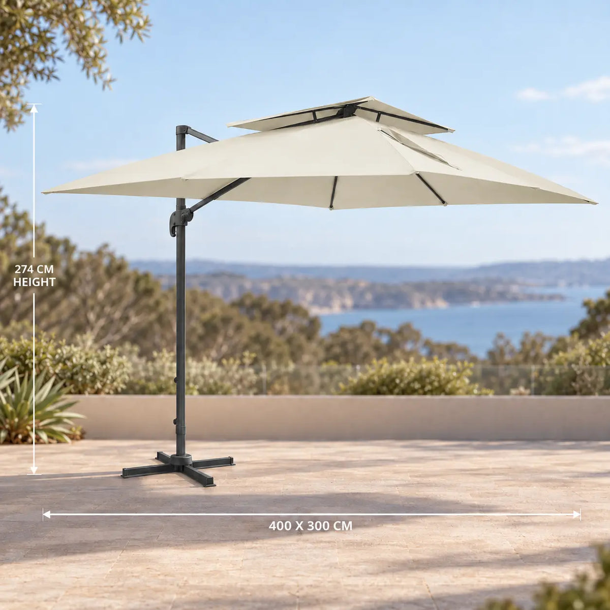 Cantilever umbrella 3x4m ivory rectangular 400x300cm 274cm height offset parasol sea view