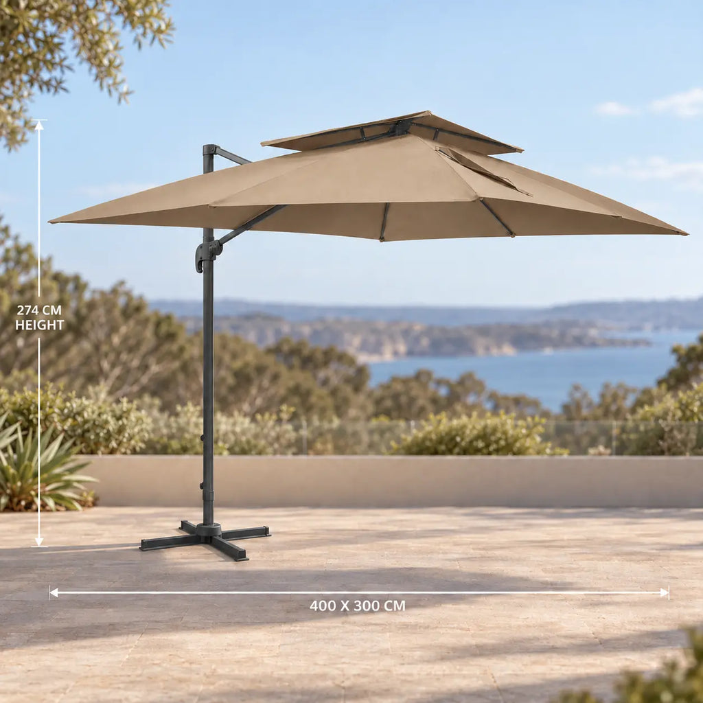 Cantilever umbrella 3x4m taupe rectangular 400x300cm 274cm height offset parasol sea view