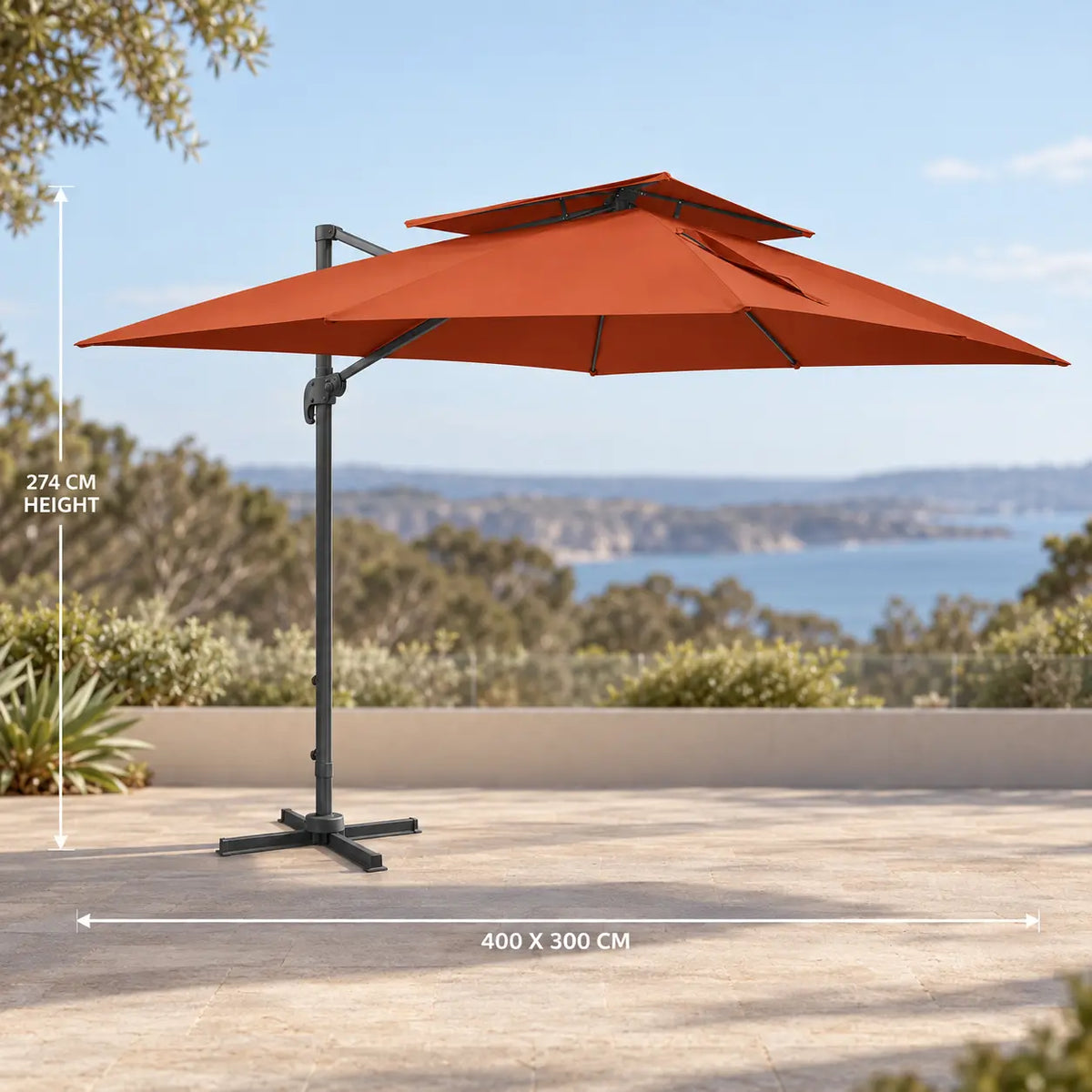 Cantilever umbrella 3x4m terracotta rectangular 400x300cm 274cm height offset parasol sea view