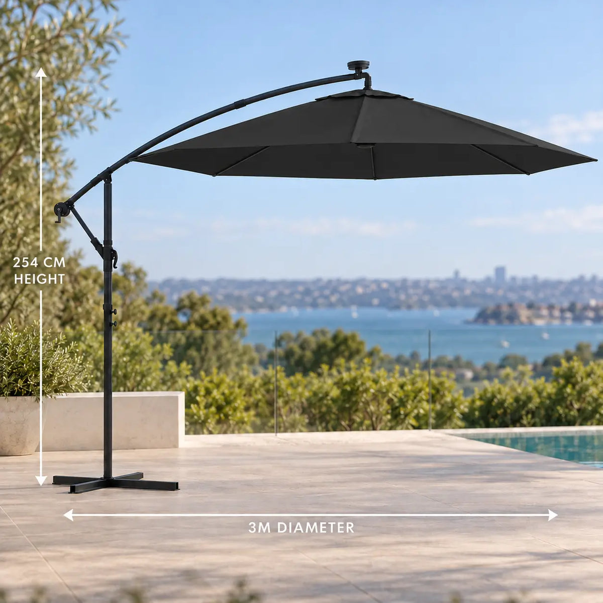 Round cantilever umbrella 3m black 3m diameter 254cm height offset curved arm parasol sea view
