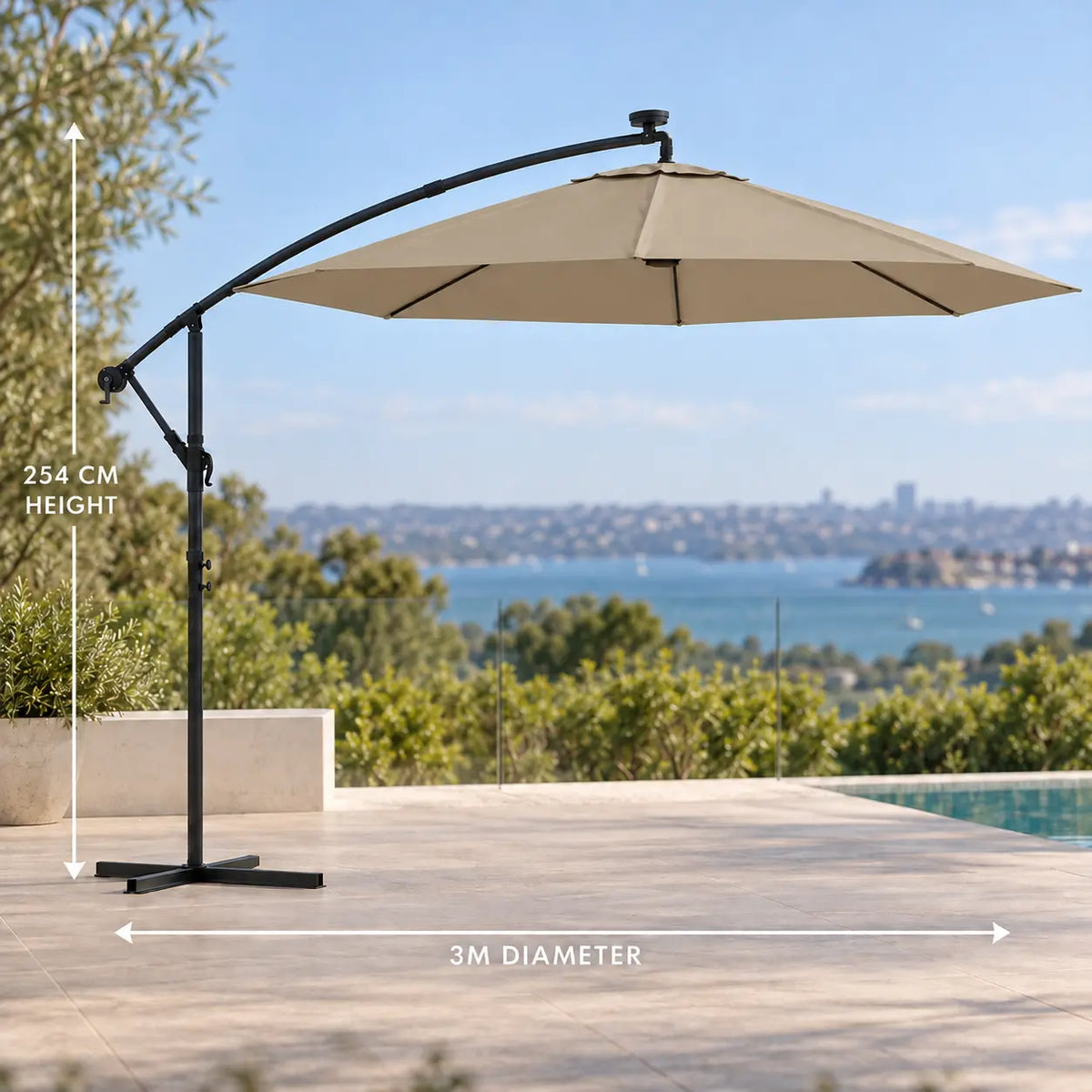 Round cantilever umbrella 3m taupe 3m diameter 254cm height offset curved arm parasol sea view