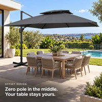 Cantilever umbrella 3x3 offset design no centre pole 8-seater patio dining table anthracite terrace