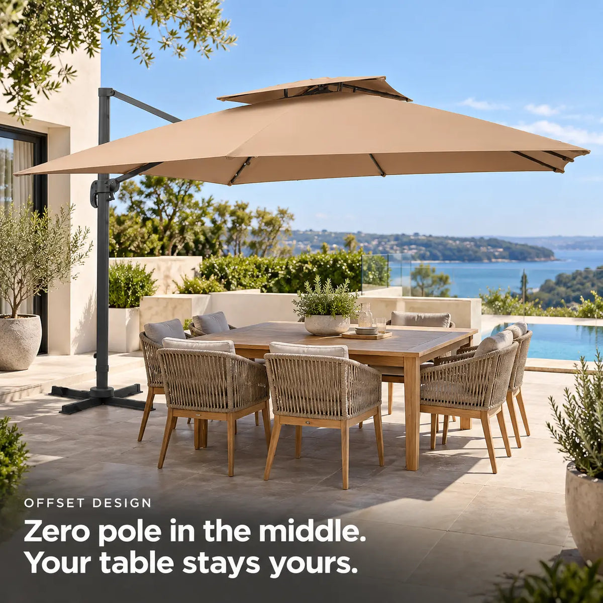 Cantilever umbrella 3x3 taupe offset design no centre pole 8-seater teak patio dining table poolside sea view