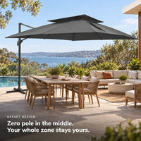 Cantilever umbrella 3x4 anthracite rectangular offset design no centre pole 8-seater teak patio dining lounge poolside sea view