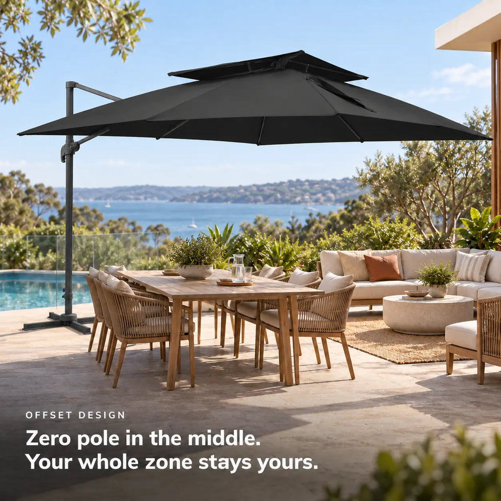Cantilever umbrella 3x4 black rectangular offset design no centre pole 8-seater teak patio dining lounge poolside sea view