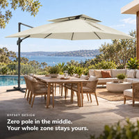 Cantilever umbrella 3x4 ivory rectangular offset design no centre pole 8-seater teak patio dining lounge poolside sea view