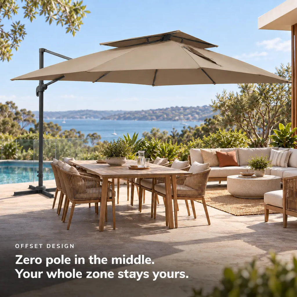 Cantilever umbrella 3x4 taupe rectangular offset design no centre pole 8-seater teak patio dining lounge poolside sea view