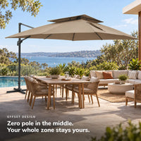 Cantilever umbrella 3x4 taupe rectangular offset design no centre pole 8-seater teak patio dining lounge poolside sea view