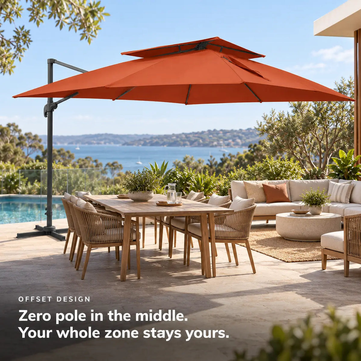 Cantilever umbrella 3x4 terracotta rectangular offset design no centre pole 8-seater teak patio dining lounge poolside sea view