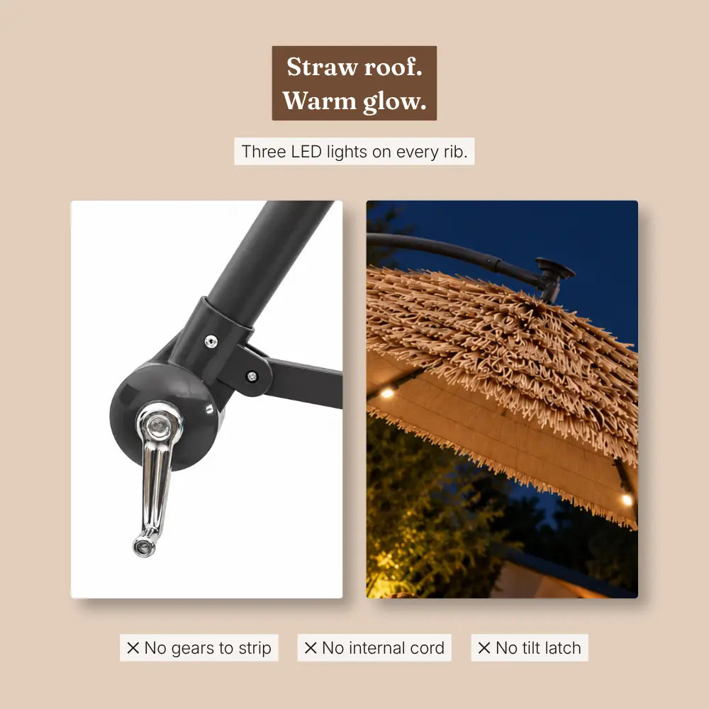 Straw Top Cantilever Umbrella 2.9m Brown - LED Lights, Crank, Cross Base | Paillote
