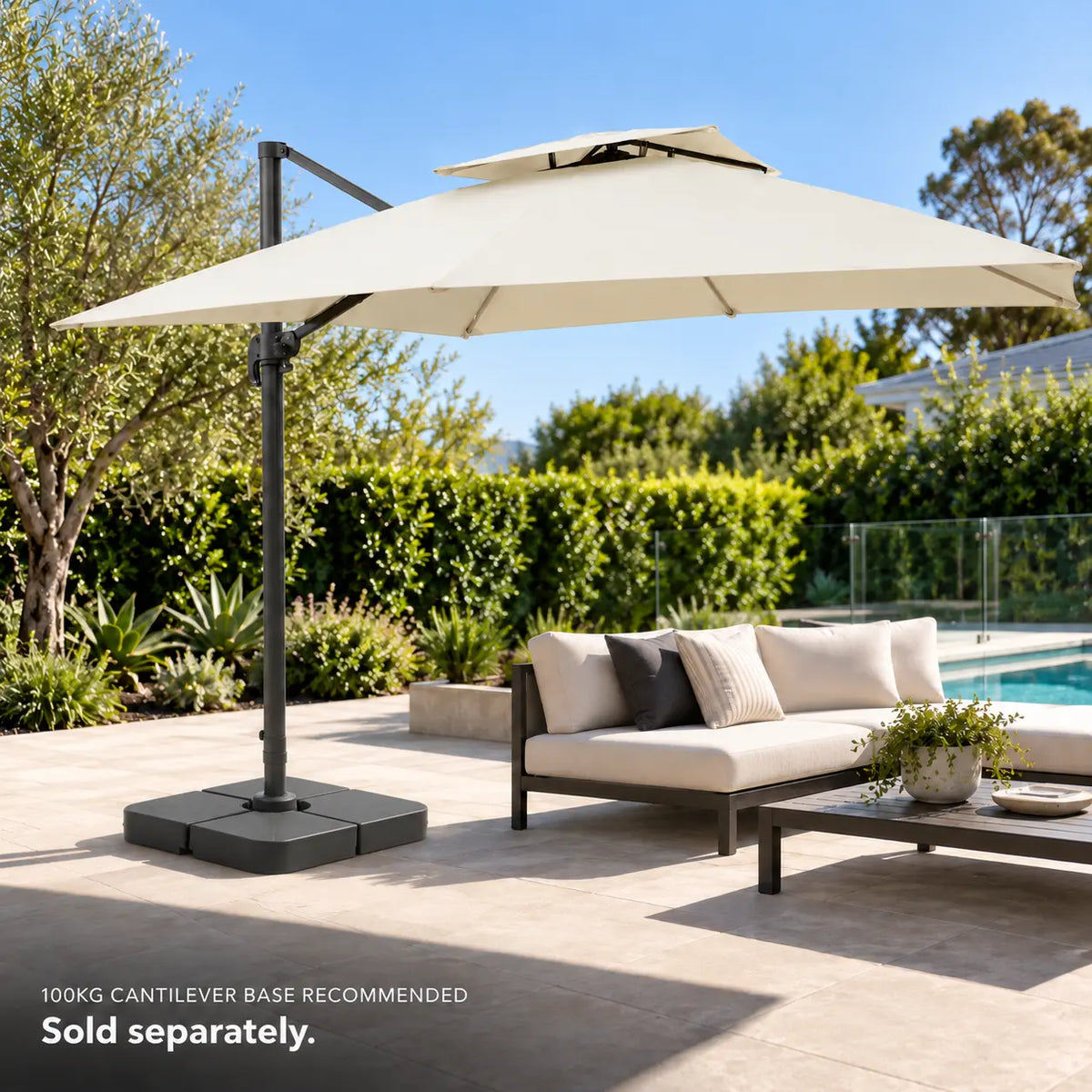 Cantilever umbrella 3x3 ivory 100kg weighted base outdoor lounge poolside garden