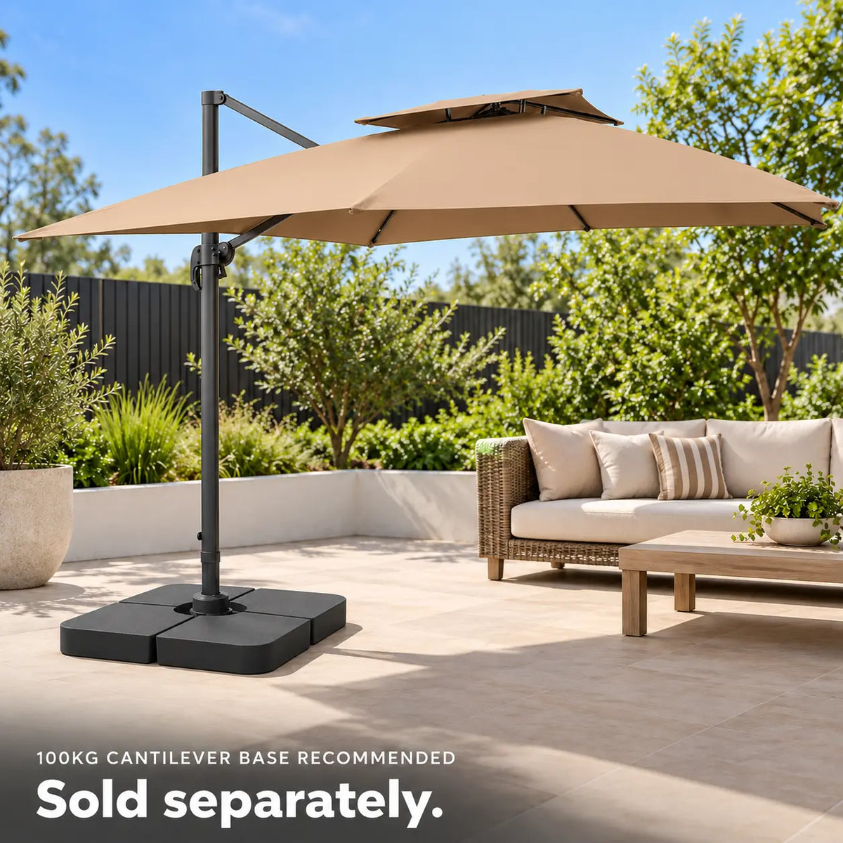 Cantilever umbrella 3x3 taupe 100kg weighted base outdoor garden lounge rattan sofa