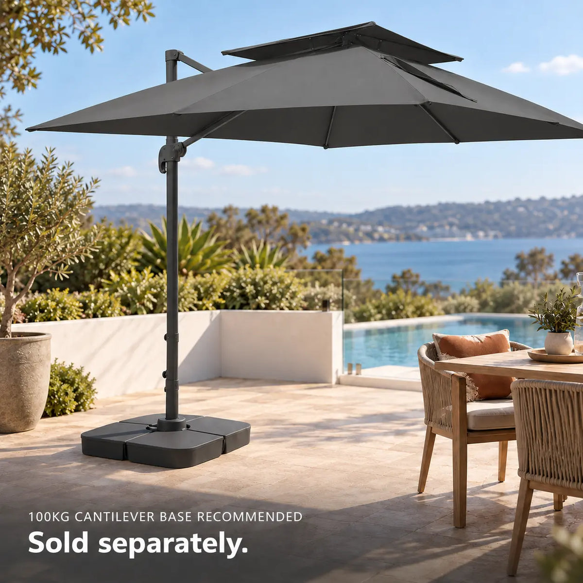 Cantilever umbrella 3x4 anthracite rectangular 100kg weighted base poolside outdoor dining coastal terrace
