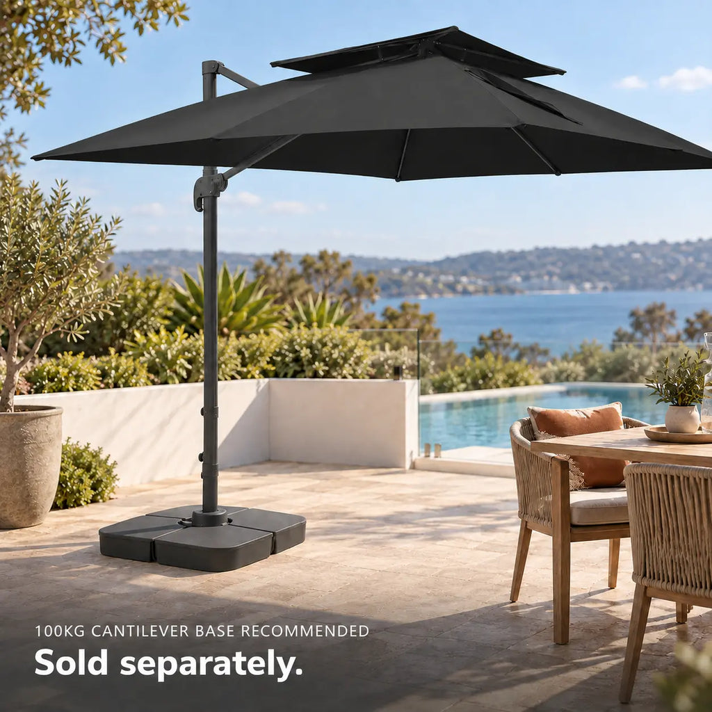 Cantilever umbrella 3x4 black rectangular 100kg weighted base poolside outdoor dining coastal terrace
