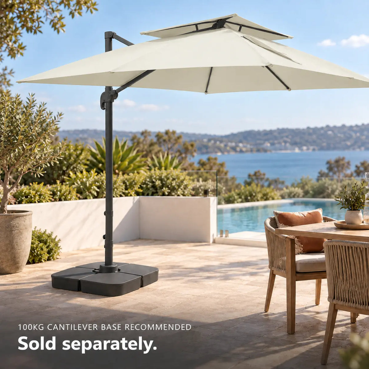 Cantilever umbrella 3x4 ivory rectangular 100kg weighted base poolside outdoor dining coastal terrace