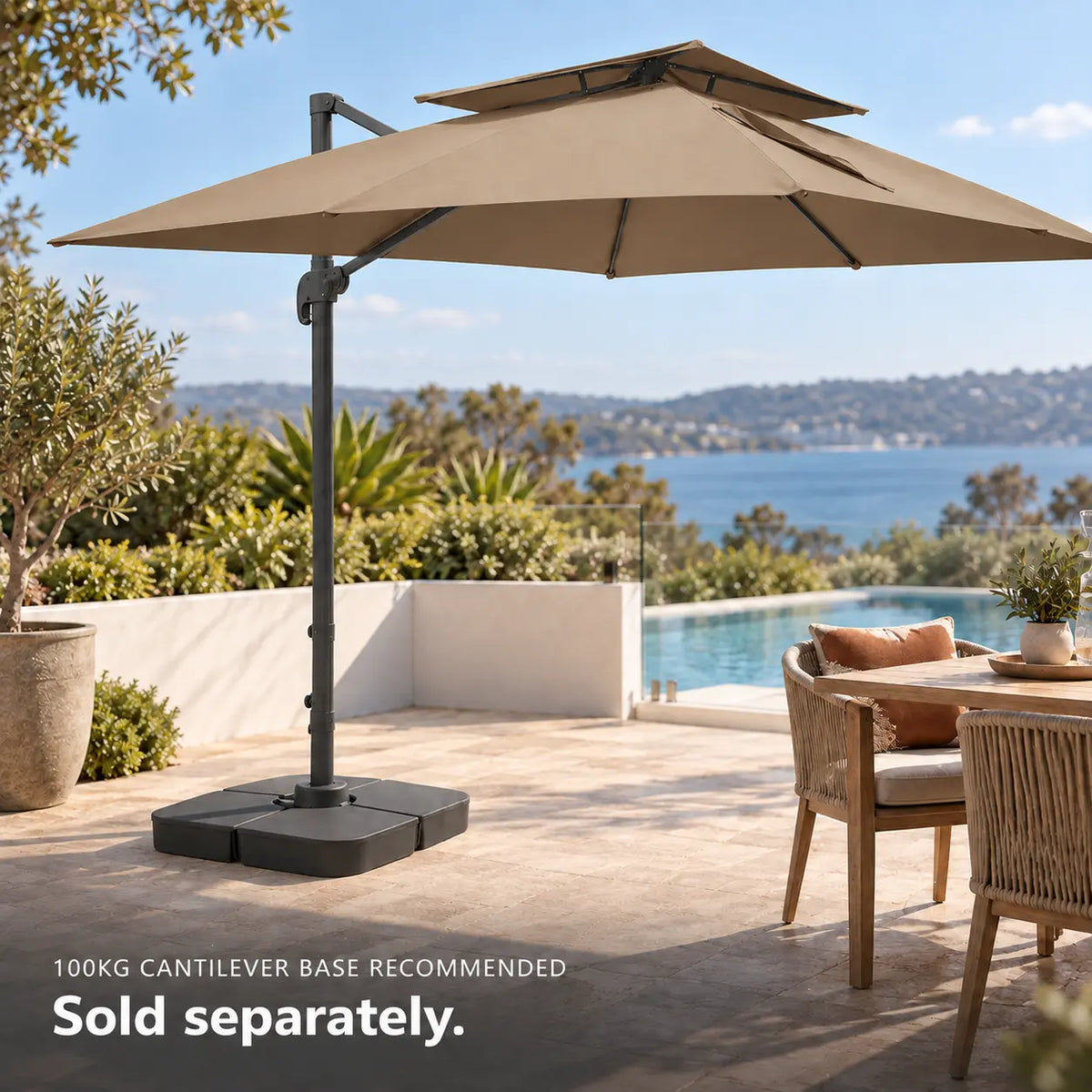 Cantilever umbrella 3x4 taupe rectangular 100kg weighted base poolside outdoor dining coastal terrace