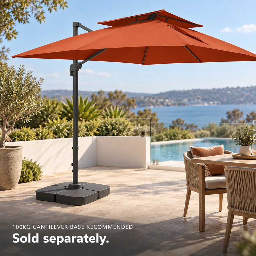 Cantilever umbrella 3x4 terracotta rectangular 100kg weighted base poolside outdoor dining coastal terrace