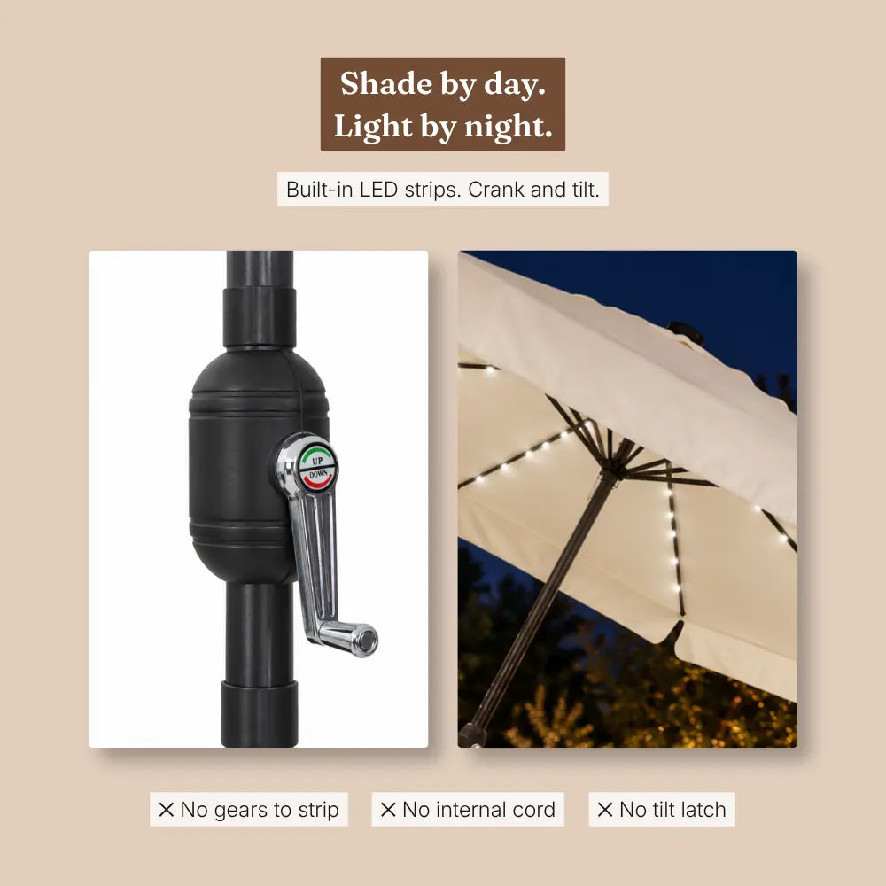 Large LED Market Umbrella 3.95m Sand & Anthracite - Crank & Tilt | Veillée